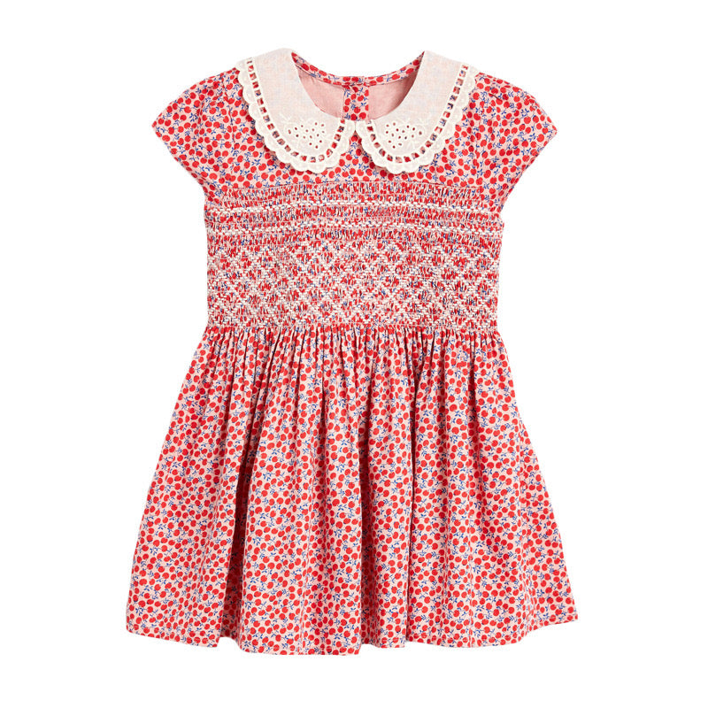 Baby Girl Ditsy Flower Print Hollow Carved Neck Knitted Waist Dress-0