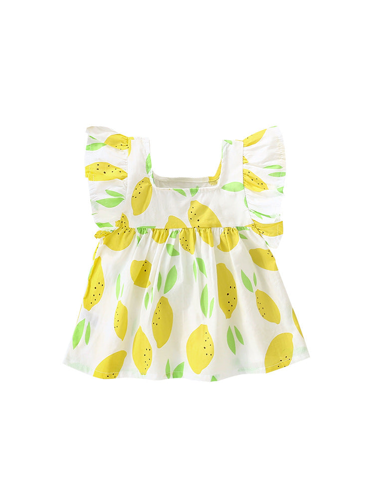 Summer New Arrival Baby Kids Girls Fly Sleeves Lemon Pattern Square Neck Dress-0