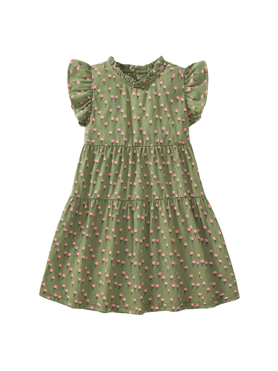 Baby Girls Flowers Print Army Green Sleeveless Dress-4