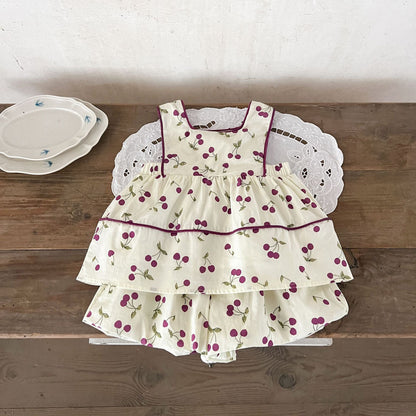 Summer Hot Selling Baby Girls Sleeveless Sweet Cherry Print Dress And Bloomers Clothing Set-4