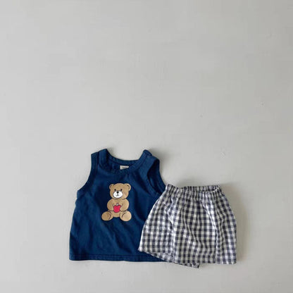 Baby Bear Print Pattern Tops With Plaid Shorts Sets-4