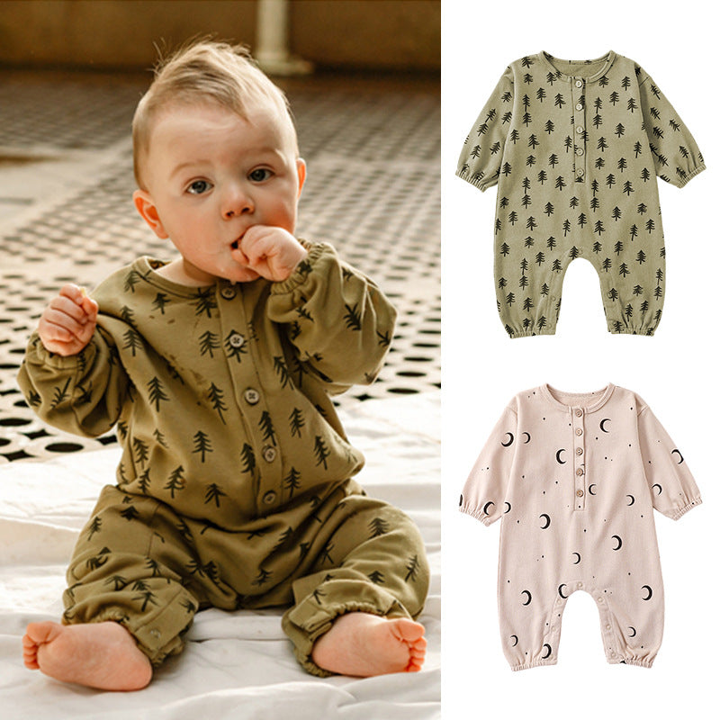 Moon Print Pattern Casual Long Sleeve Rompers-0