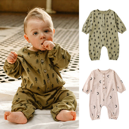 Moon Print Pattern Casual Long Sleeve Rompers-0