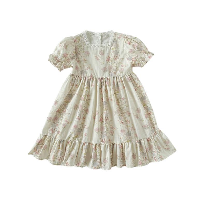 French Design Summer Baby Kids Girls Short Sleeves Square Neck Floral Dress-3