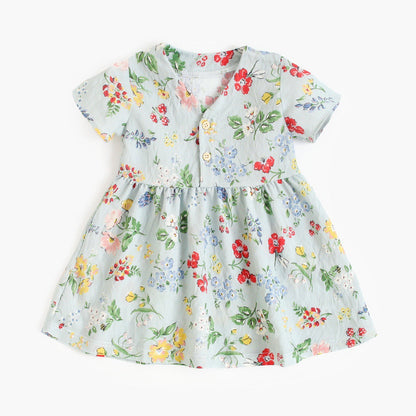 Summer New Arrival Baby Girls Casual Floral Print Short Sleeves V Neck Dress-1