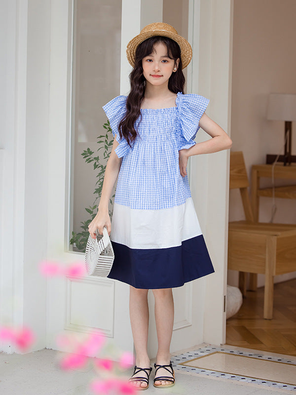 Hot Selling Summer Kids Girls French Style Color Patchwork Plaid Cotton Sleeveless Dress-3