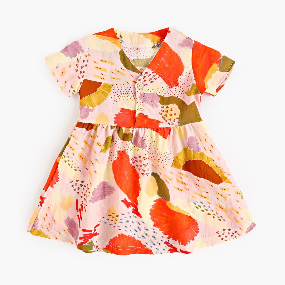 Summer New Arrival Baby Girls Casual Colorful Print Short Sleeves V Neck Dress-2