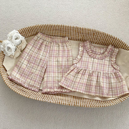 Summer Baby Kids Girls Plaid Sleeveless Vest And Shorts Casual Clothing Set-3
