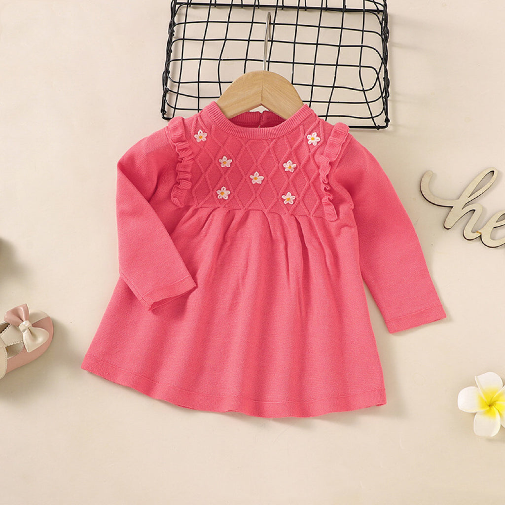 Baby Girl Flower Patched Pattern Solid Color Knitted Dress-3