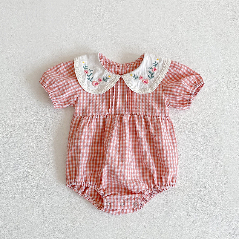 Summer Girls Flowers Embroidery Collar Plaid Onesies And Girls’ Dress – Princess Sister Matching Set-4