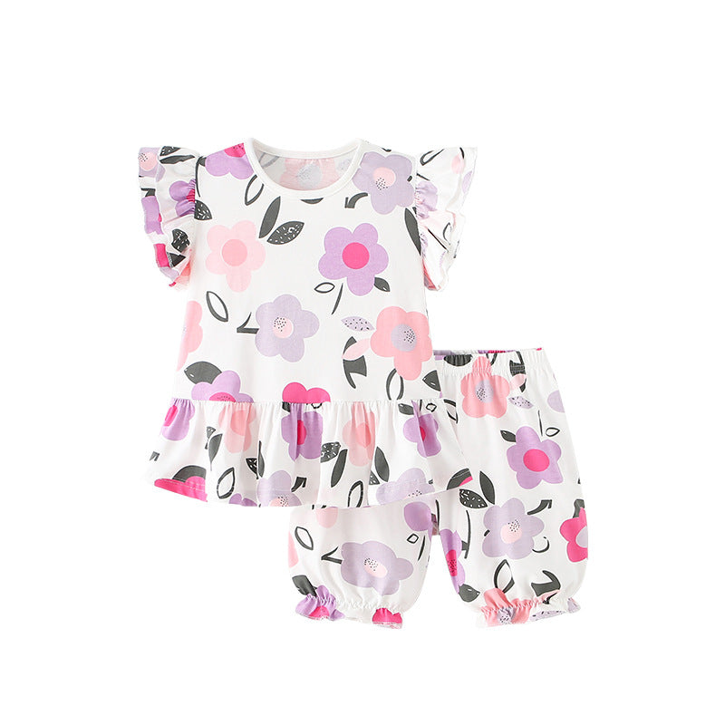 Summer Baby Kids Girls Floral Print Top And Shorts Clothing Set-0