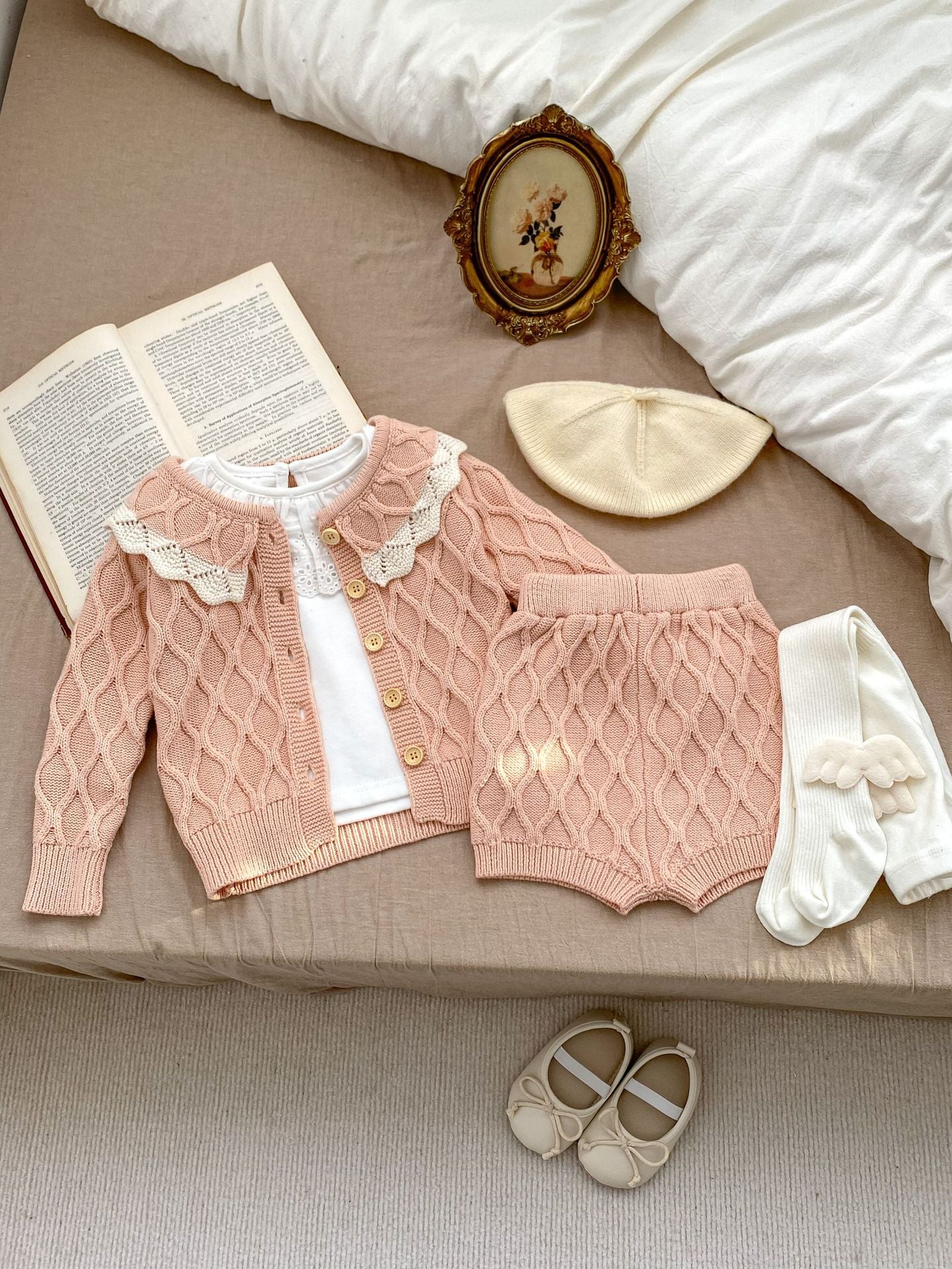 Spring Baby And Kids Girls Argyle Knitting Pattern Cardigan Sweater And Shorts Casual Home Clothing Set-4