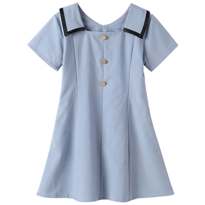 New Design Summer Kids Girls French Style Simple Square Neck Turndown Collar Dress-0