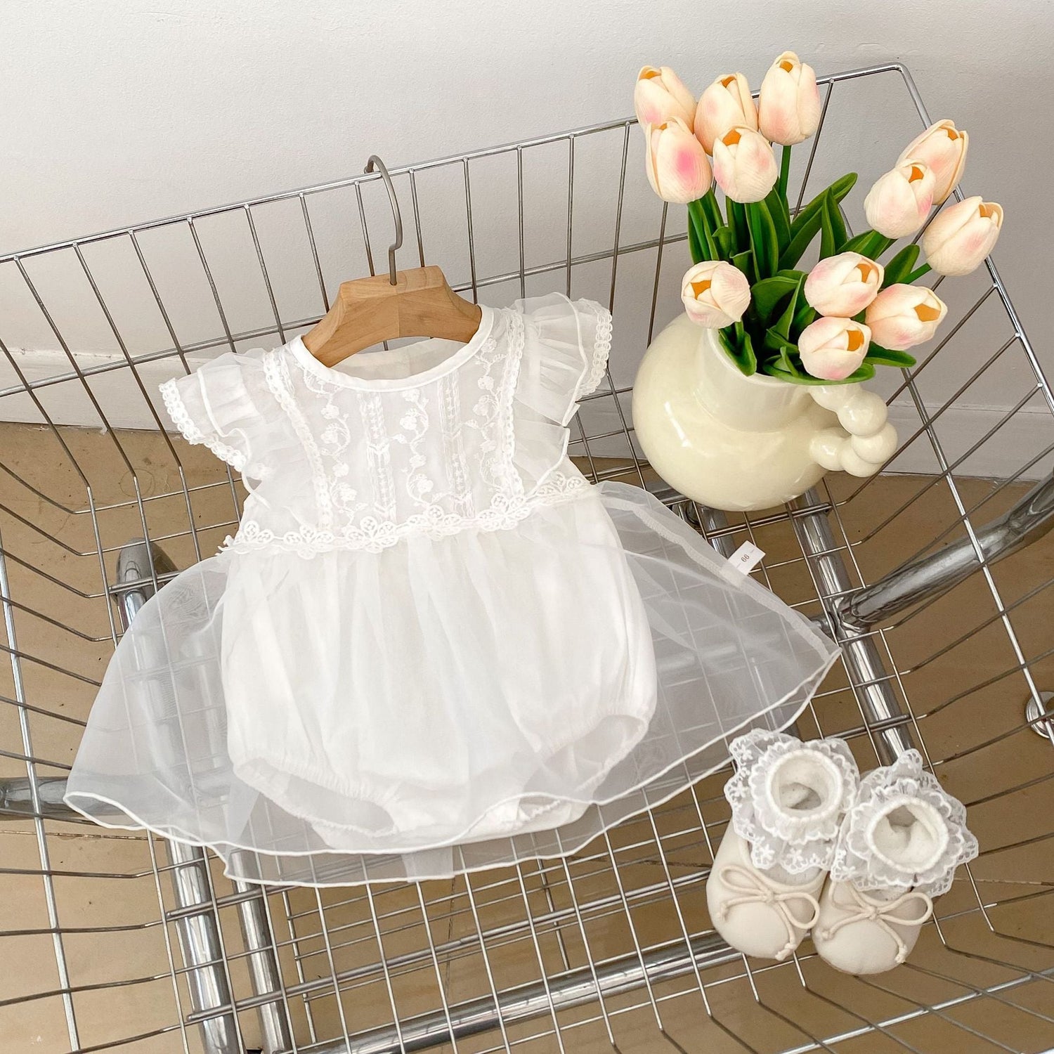 Summer New Arrival Baby Girls Flower-Embroidered Fly Sleeves Crew Neck White Onesies Dress-3