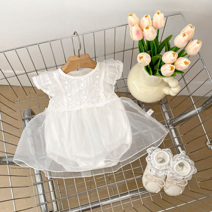 Summer New Arrival Baby Girls Flower-Embroidered Fly Sleeves Crew Neck White Onesies Dress-3