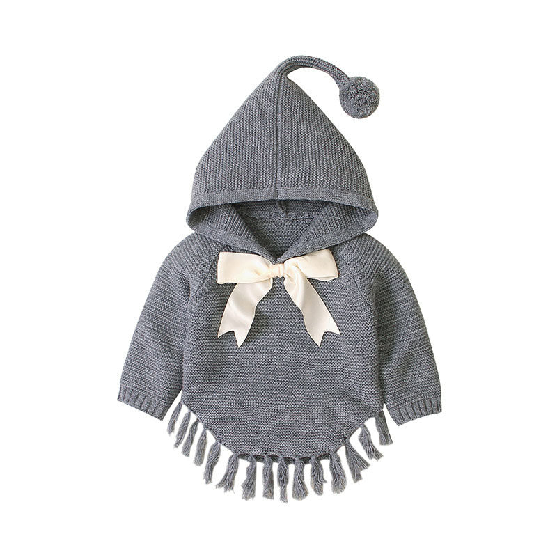 Baby Girl 1pcs Solid Color Big Bow Tie Patched Design Shawl Kniited Hoodies With Hat-4