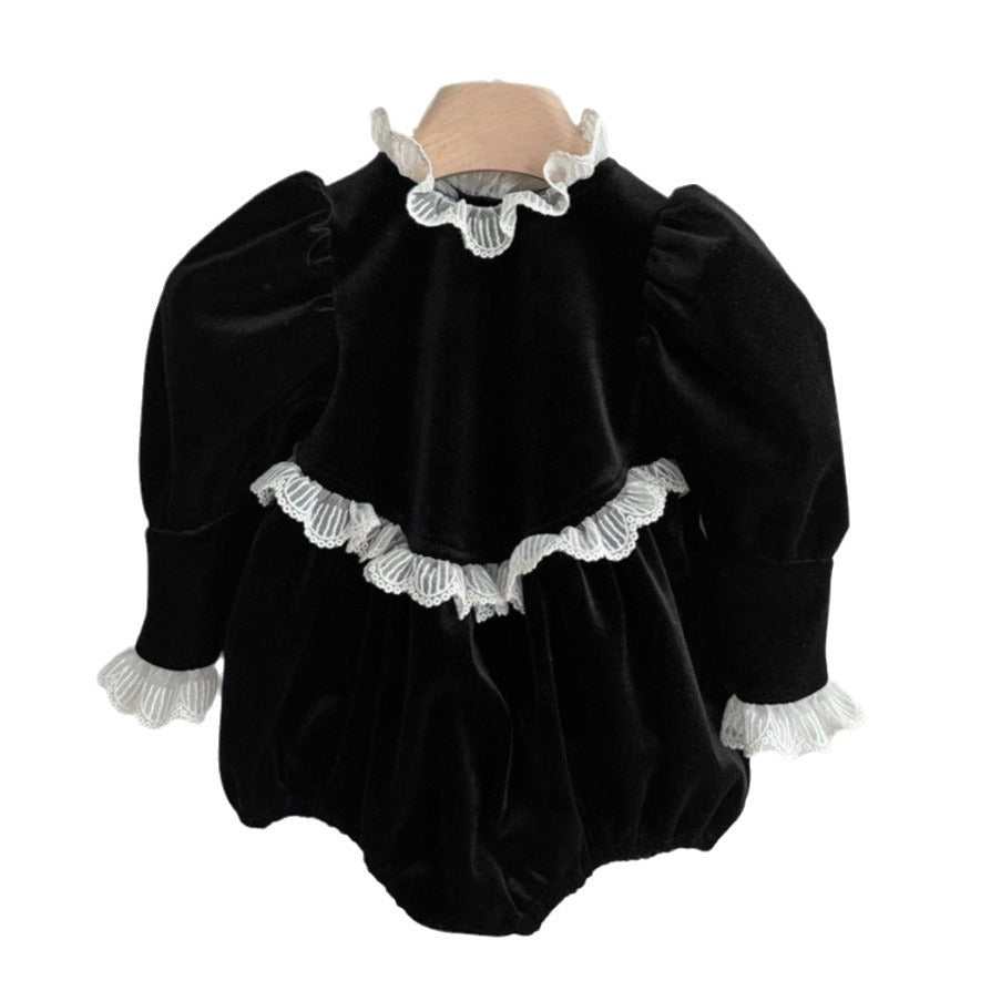 New Arrival Baby Girls Black Long Sleeves Lace Trim Onesie-3