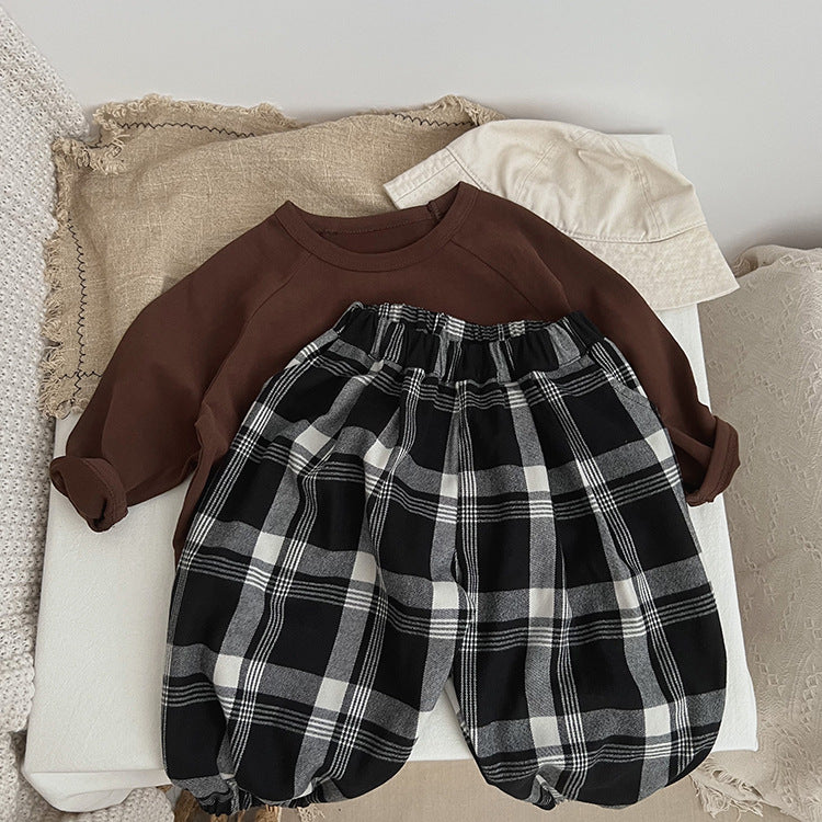 Baby Classic Plaid Pattern Loose Cotton Trousers-4