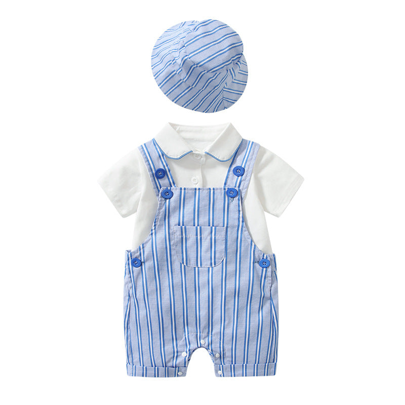 Baby Boy Lapel Solid Bodysuit Combo Striped Graphic Crotch Overall Sets-0