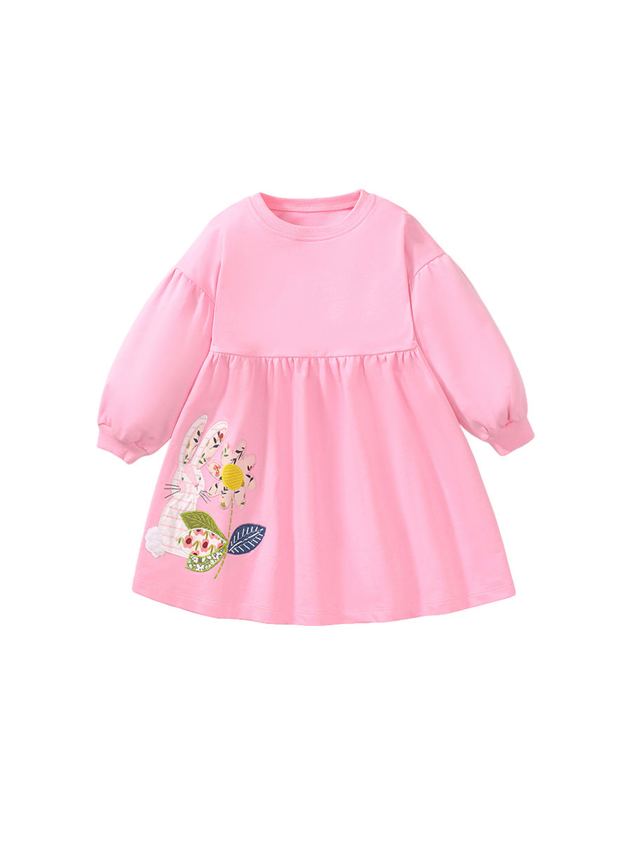 New Arrival Autumn Girls Long Sleeves Flowers And Rabbit Pattern Crew Neck Dress-0