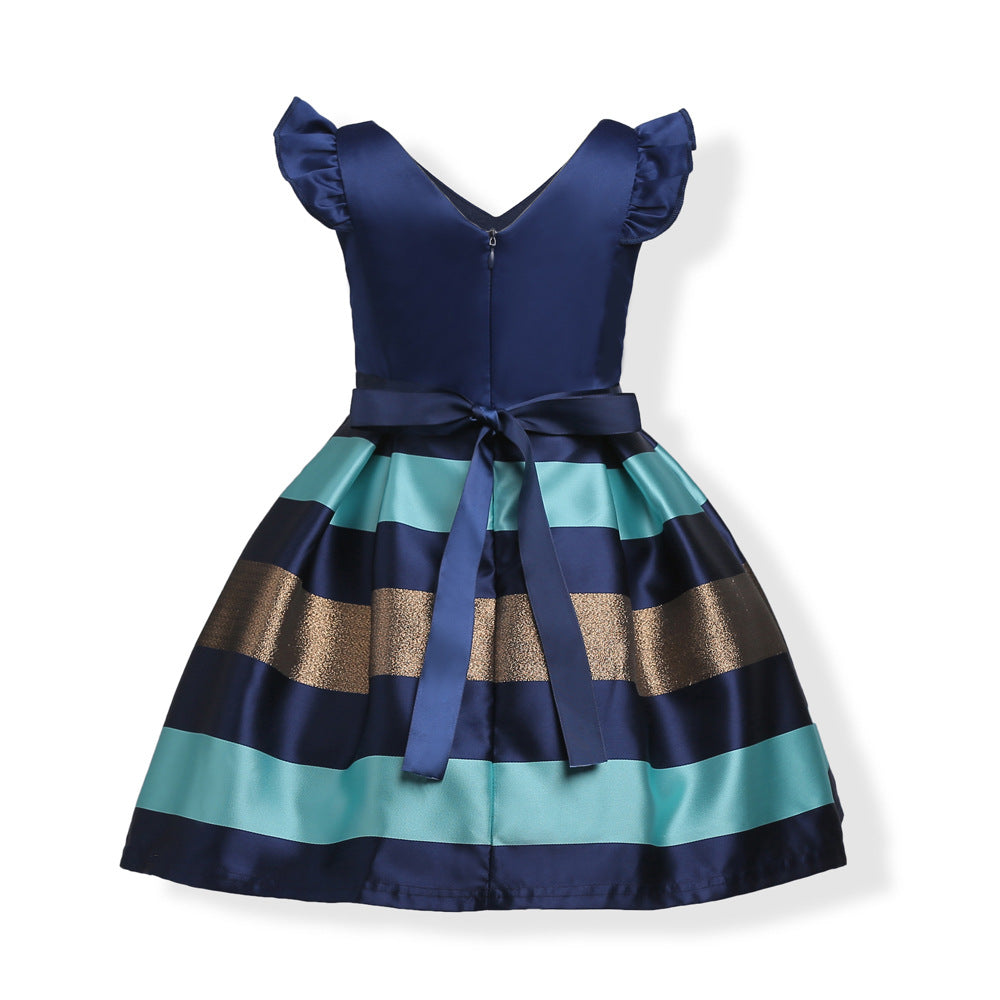 Baby Girl Striped Pattern V-Neck Western Style Formal Dress-3