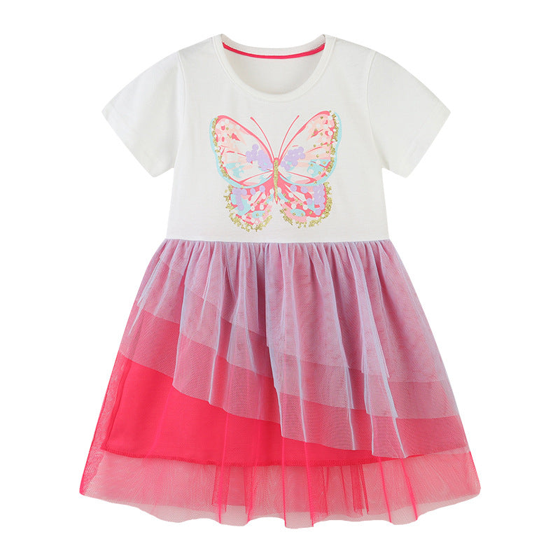 Baby Girl Butterfly Patched Pattern Mesh Patchwork Dress-0