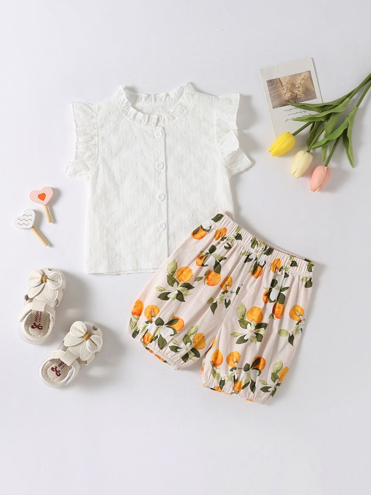 Summer Baby Kids Girls Solid Color Striped Pattern Fly Sleeves Top Shirt And Fruits Pattern Shorts Casual Clothing Set-0