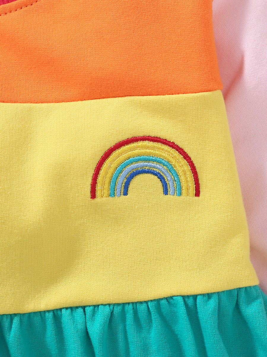 New Arrival Autumn Girls Long Sleeves Rainbow Color Patchwork Crew Neck Dress-4