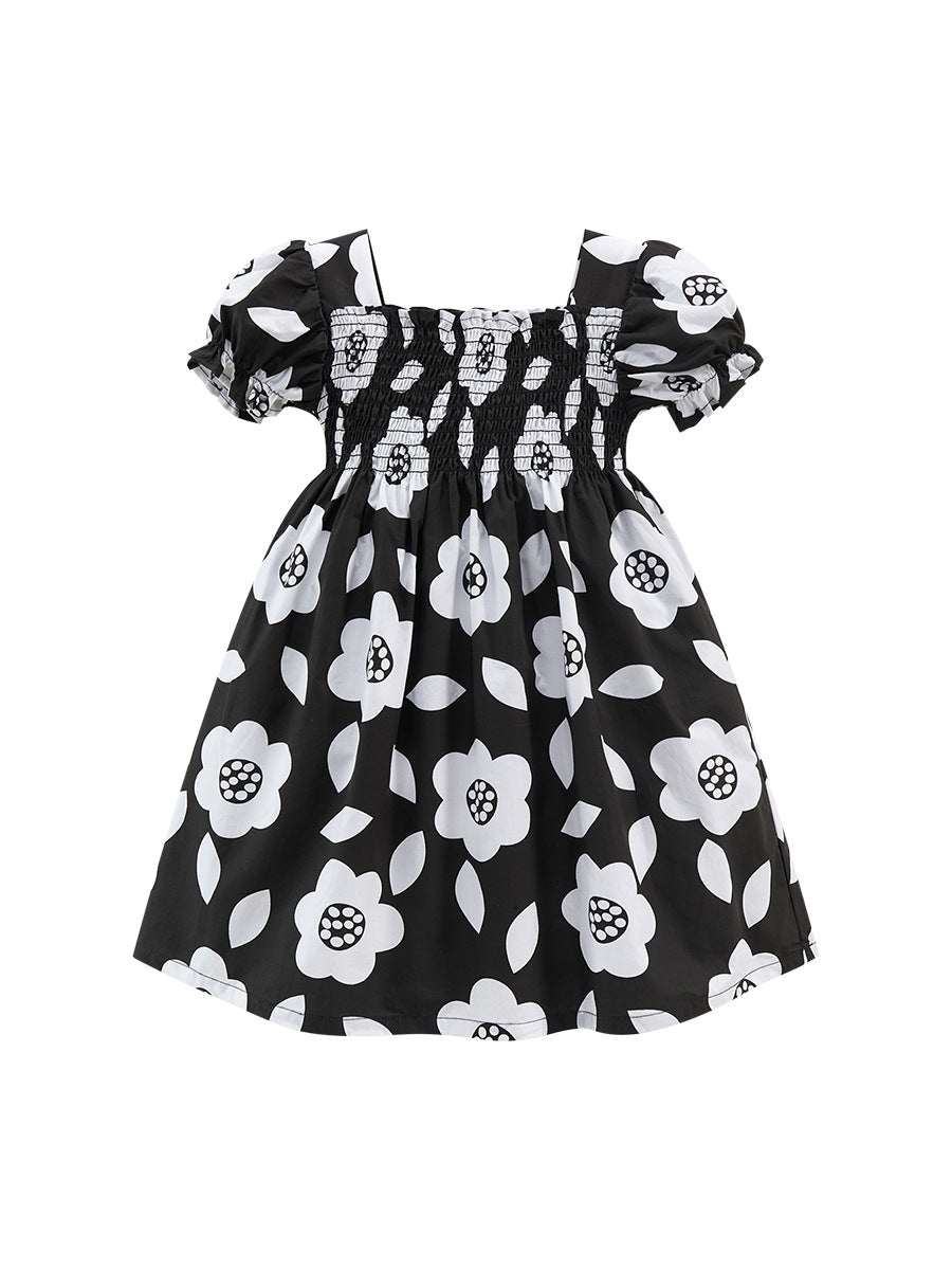 Baby Girls Square Neck Short Sleeves Black Floral Dress-1