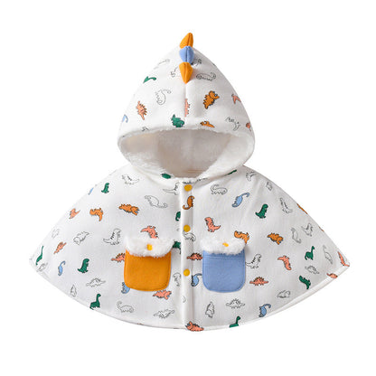 Kids Cartoon Dinosaur Print Button Front Design Shawls With Hat-0