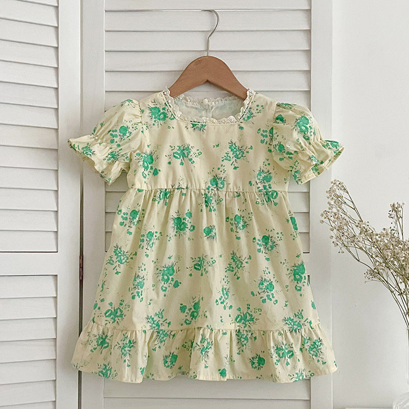 Summer Girls Green Floral Pattern Square Neck Onesies And Girls’ Dress – Princess Sister Matching Set-4