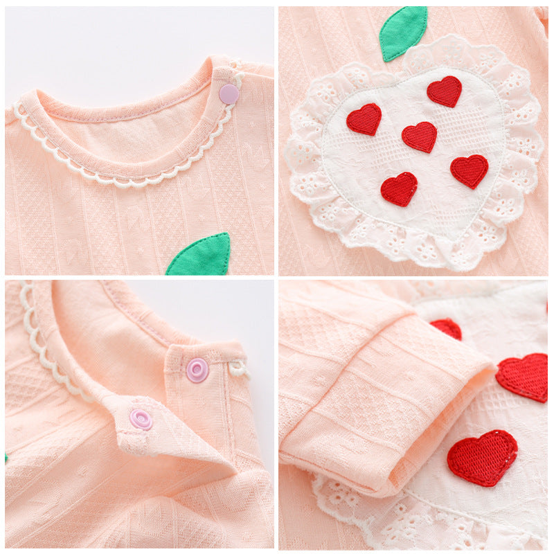 Baby Girl Solid Color Lace Heart Patchwork Design Long-Sleeved Rompers-4