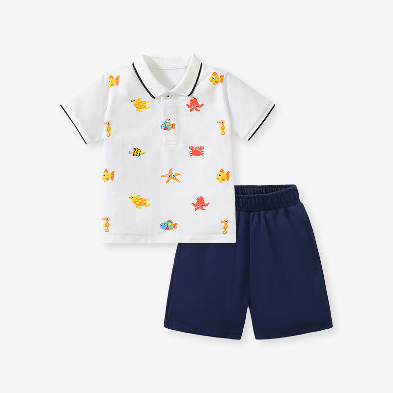 Baby Kids Boys Marine Print Polo Top And Shorts Casual Clothing Set-1