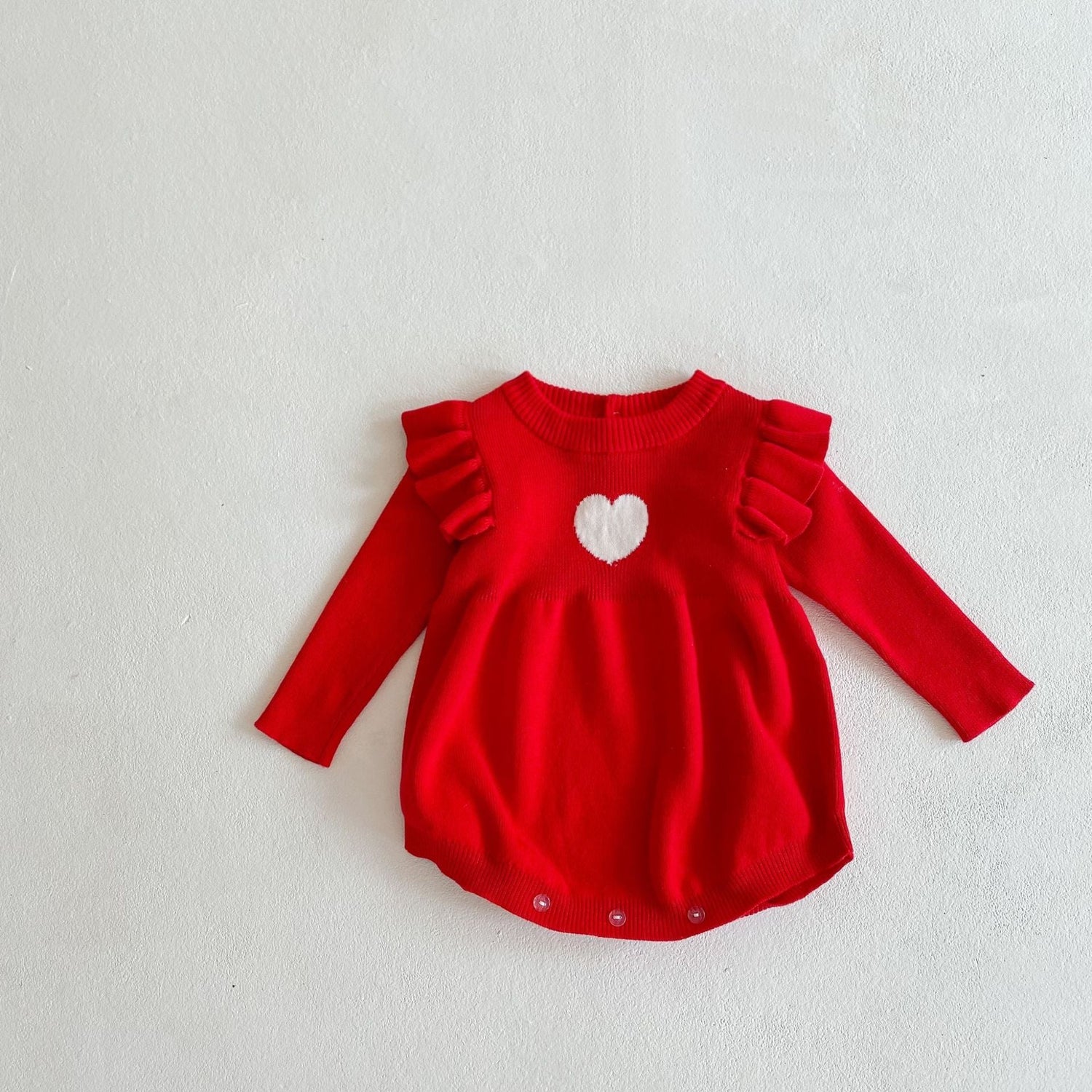 Baby Girl 1pcs Heart Embroidered Pattern Ruffle Long Sleeve Knit Onesies-3