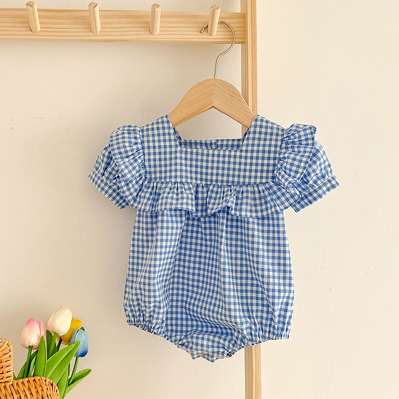 Baby Plaid Pattern Square Neck Puff Sleeves Onesies &amp; Dress-4