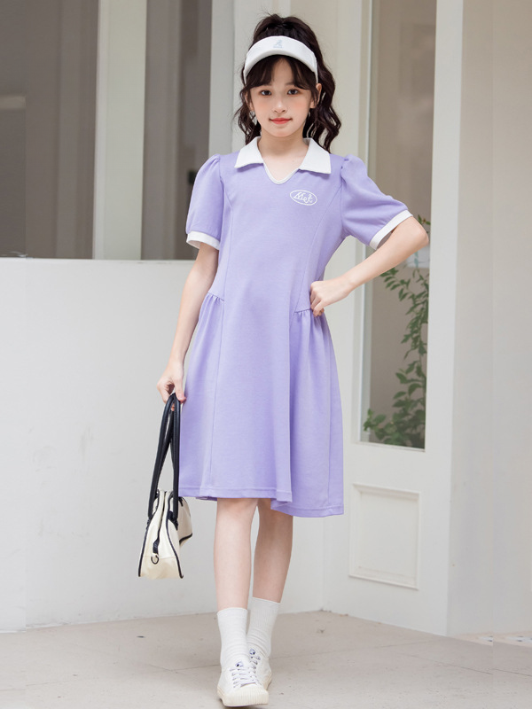 Hot Selling Summer Kids Girls Sports Style Purple Short Sleeves Turn-Down Collar Dress-3