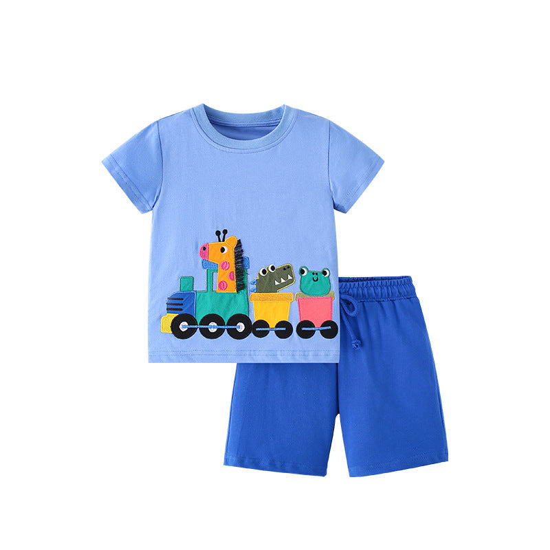Summer Baby Kids Boys Animals Cartoon Pattern T-Shirt And Solid Color Shorts Clothing Set-0