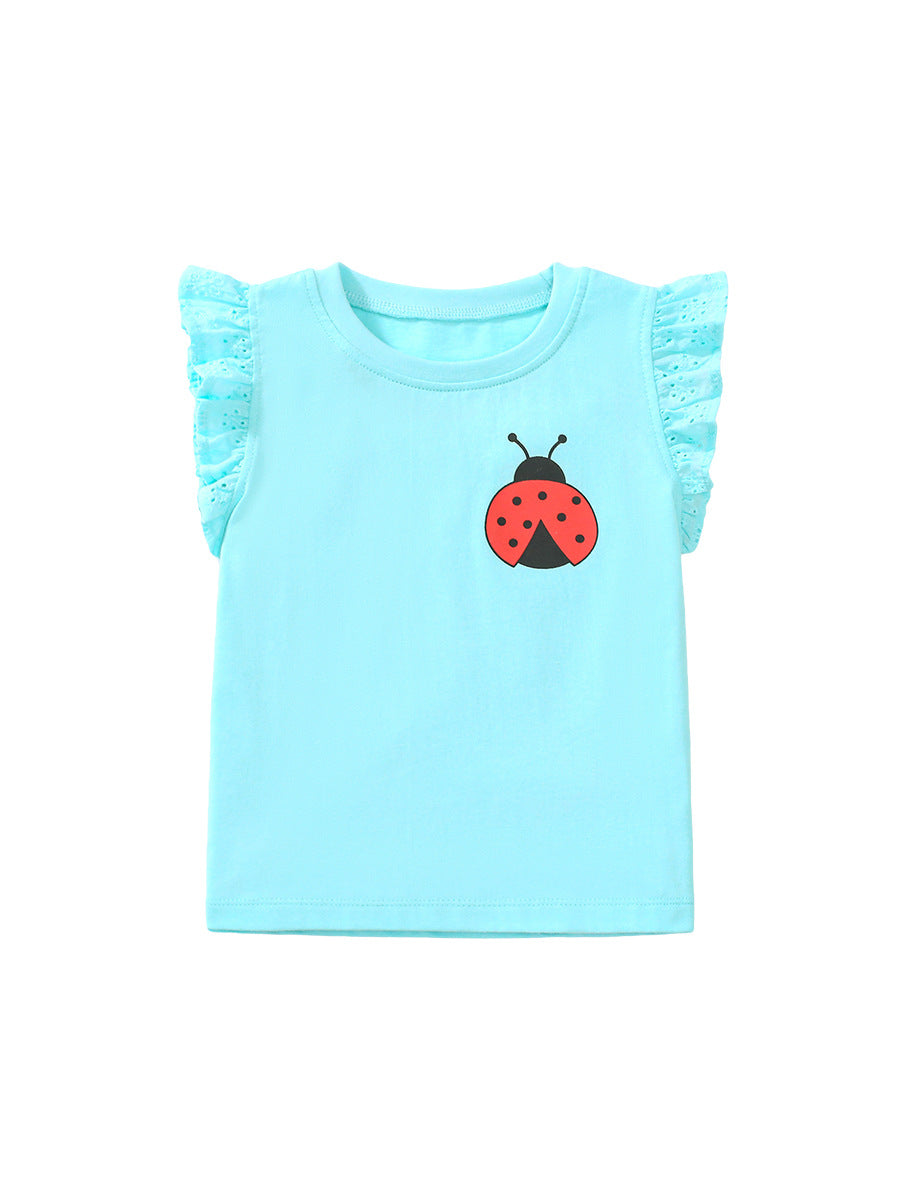 Crew Neck Ladybird Logo Ruffle Sleeveless Girls’ T-Shirt-0