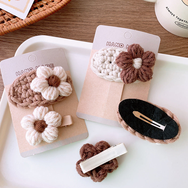 Adorable Handcrafted Knitted Hair Accessories For Children And Teens: Beige Floral Hair Clip And Plush Hairband-4