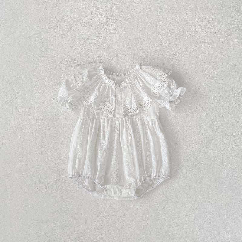 New Arrival Summer Baby Kids Girls Hollow Out Collar Short Sleeves Solid Color Floral Embroidery Onesies And Dress – Princess Sister Matching Set-1