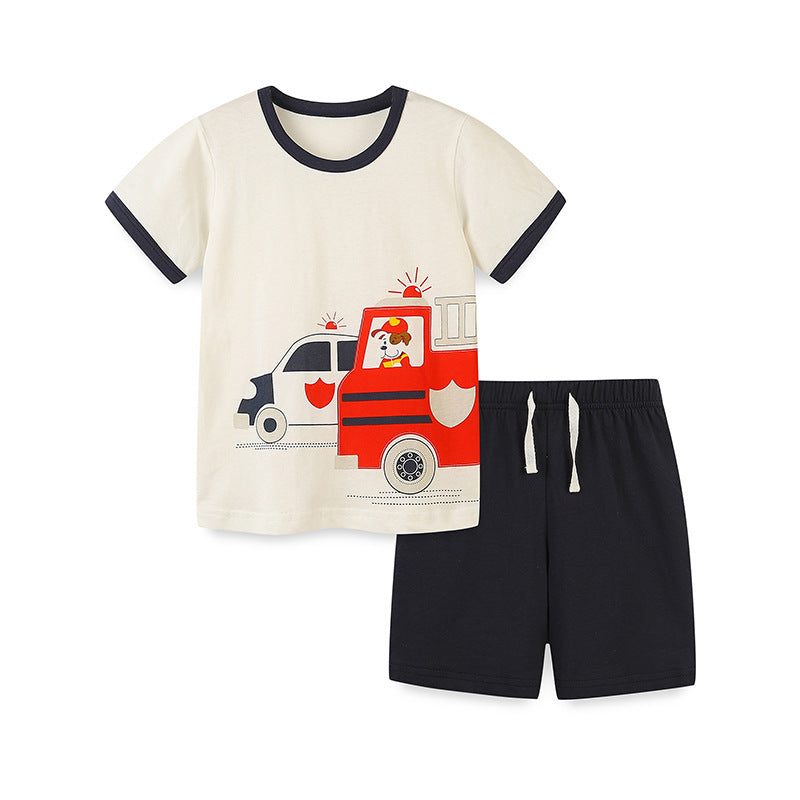 Summer Baby Kids Boys Emergency Cars Cartoon Pattern T-Shirt And Solid Color Shorts Clothing Set-0