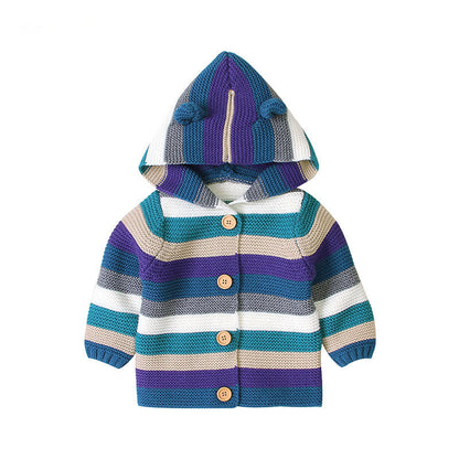 Baby Colorful Striped Pattern Button Front Knitted Cardigan With Hat-3