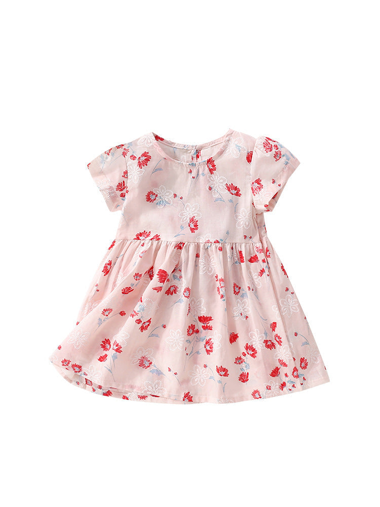 Summer New Design Girls’ Elegant Flowers Pattern Short Sleeves Crew Neck Dress-0