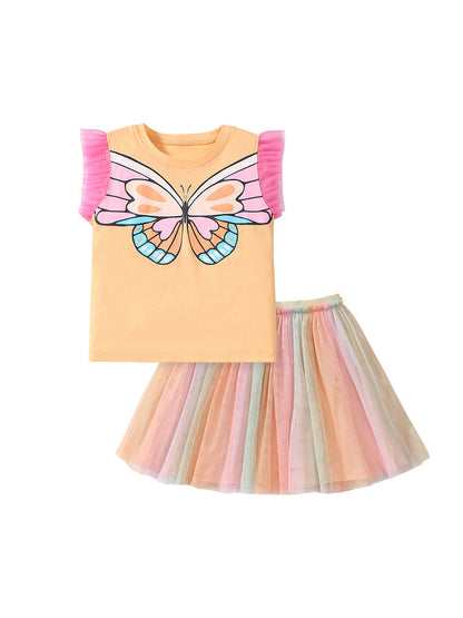 New Arrival Summer Baby Kids Girls Butterfly Design Lace Sleeves Top And Pleated Skirt Clothing Set-0