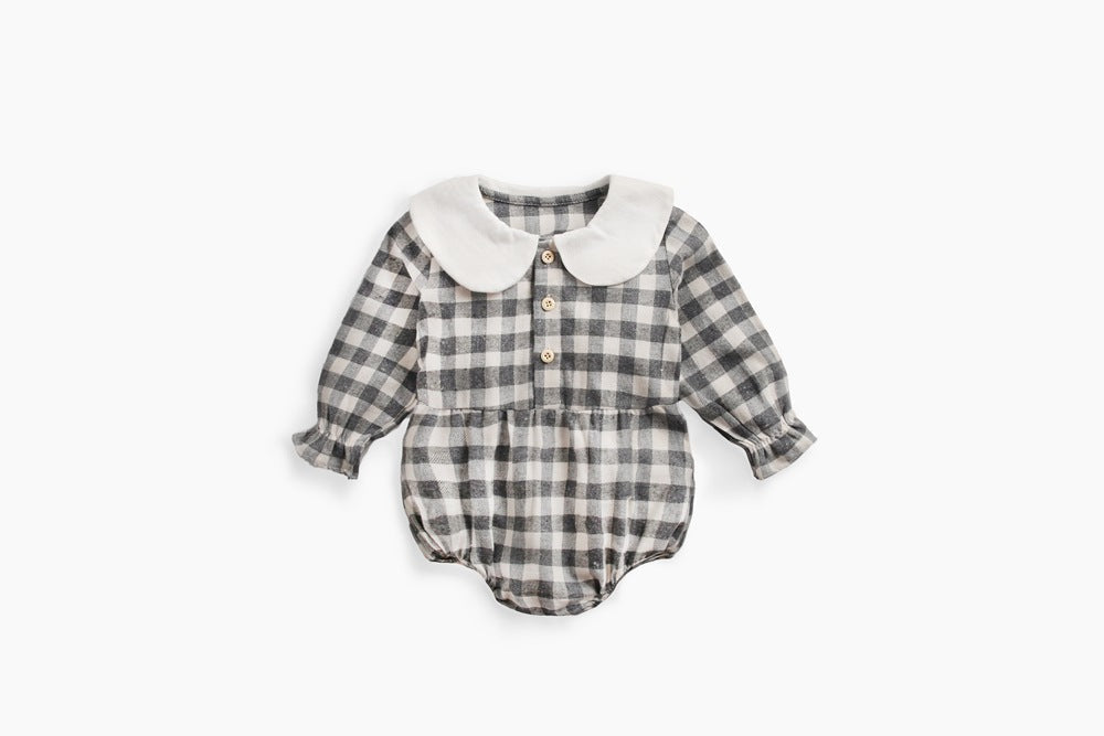 Baby Girl Plaid Pattern Doll Collar Design Long Sleeve Onesies With Buttons-4