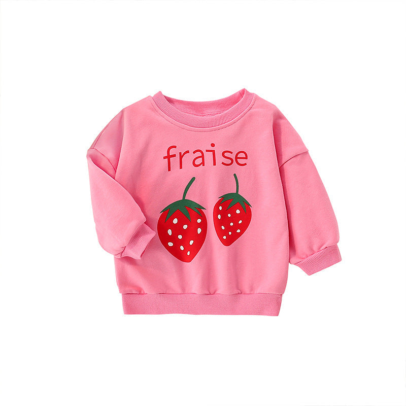 Baby Girl Strawberry Print Pattern Crewneck Terry Hoodies-4