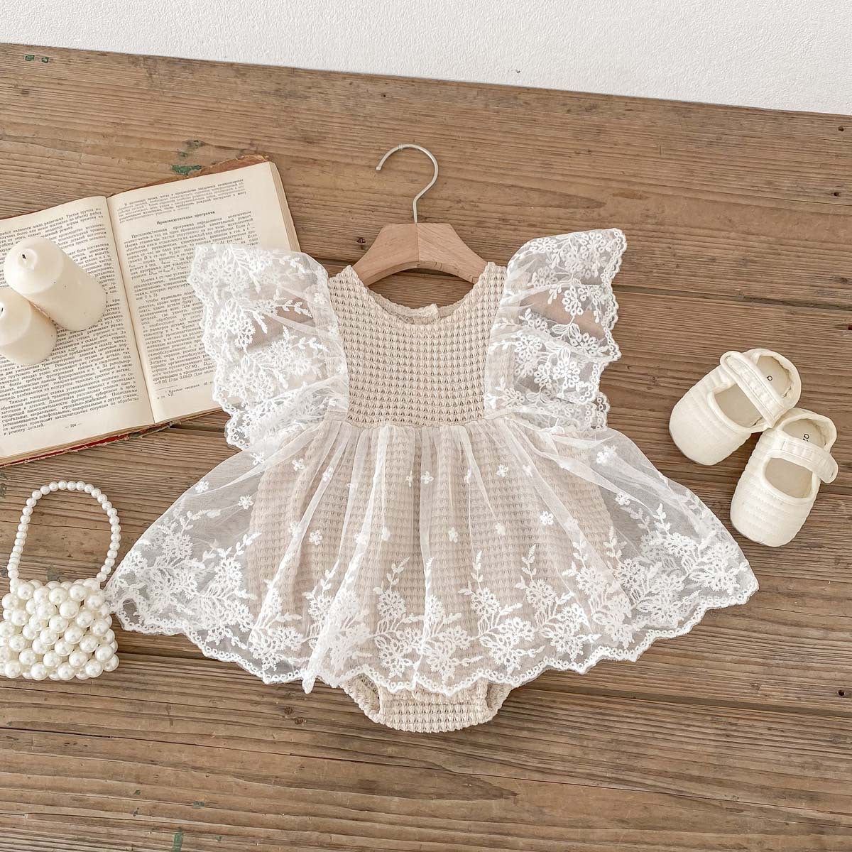 Summer Baby Waffle Pattern Lace Mesh Princess Onesie Dress For Girls-4