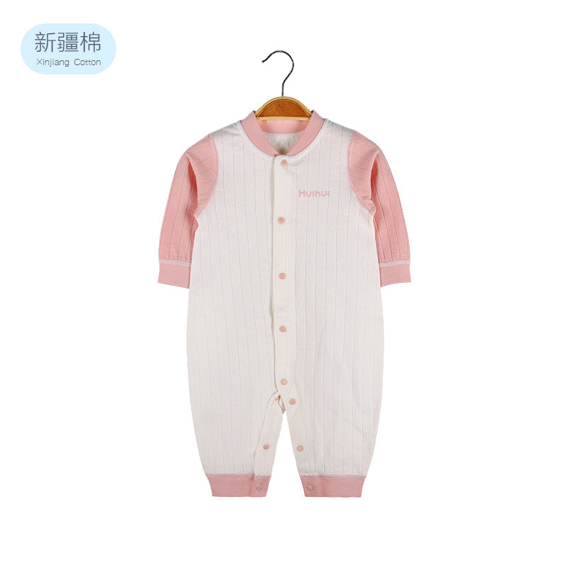 Baby Solid Color Pit Strip Fabric Single Breasted Design Cotton Jumpsuit Pajamas-4