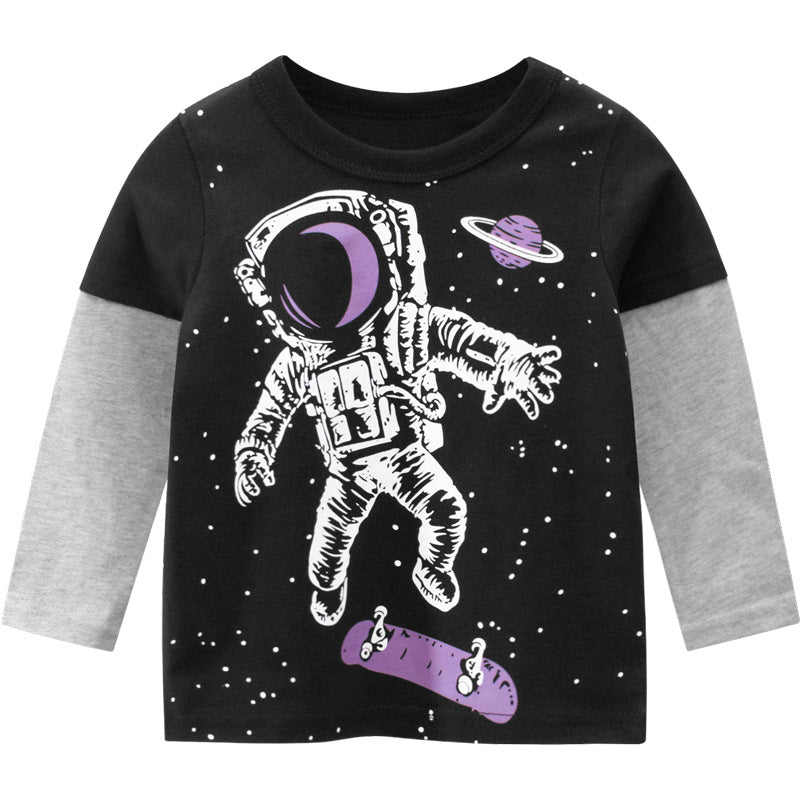 Baby Boy Astronaut Pattern Contrast Sleeved Design Long Sleeved Shirt-4