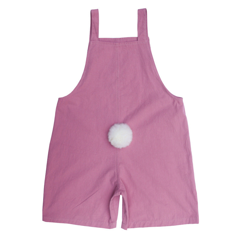 Hot Selling Summer Baby Kids Girls Pink Comfy Cute Rabbit Tail Overalls-4